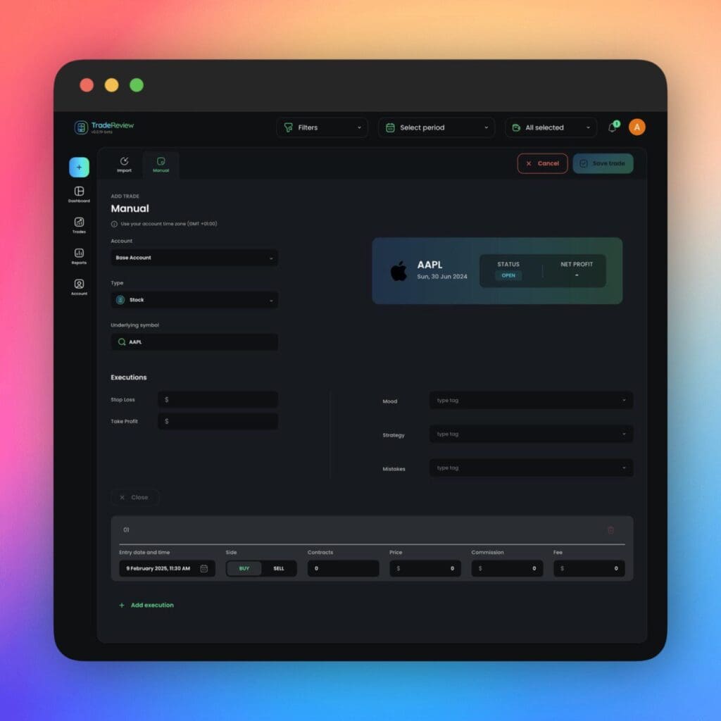 TraderSetup trade log screen for adding and reviewing trades