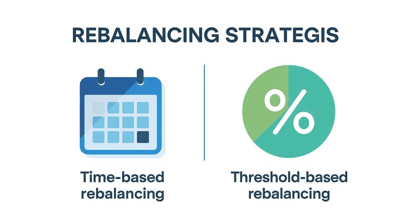 Infographic comparing time-based and threshold-based portfolio rebalancing strategies.
