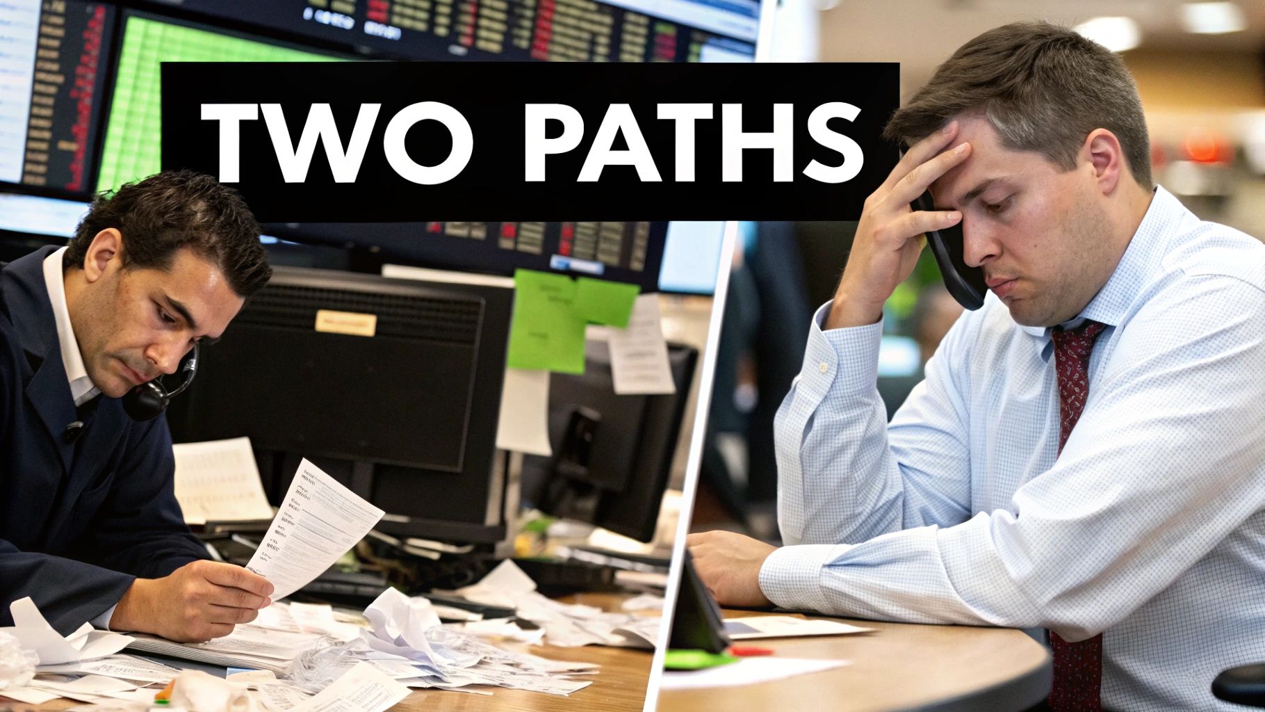 A split-screen image showing a stressed trader on one side and a calm, focused trader on the other, representing two different approaches to risk.