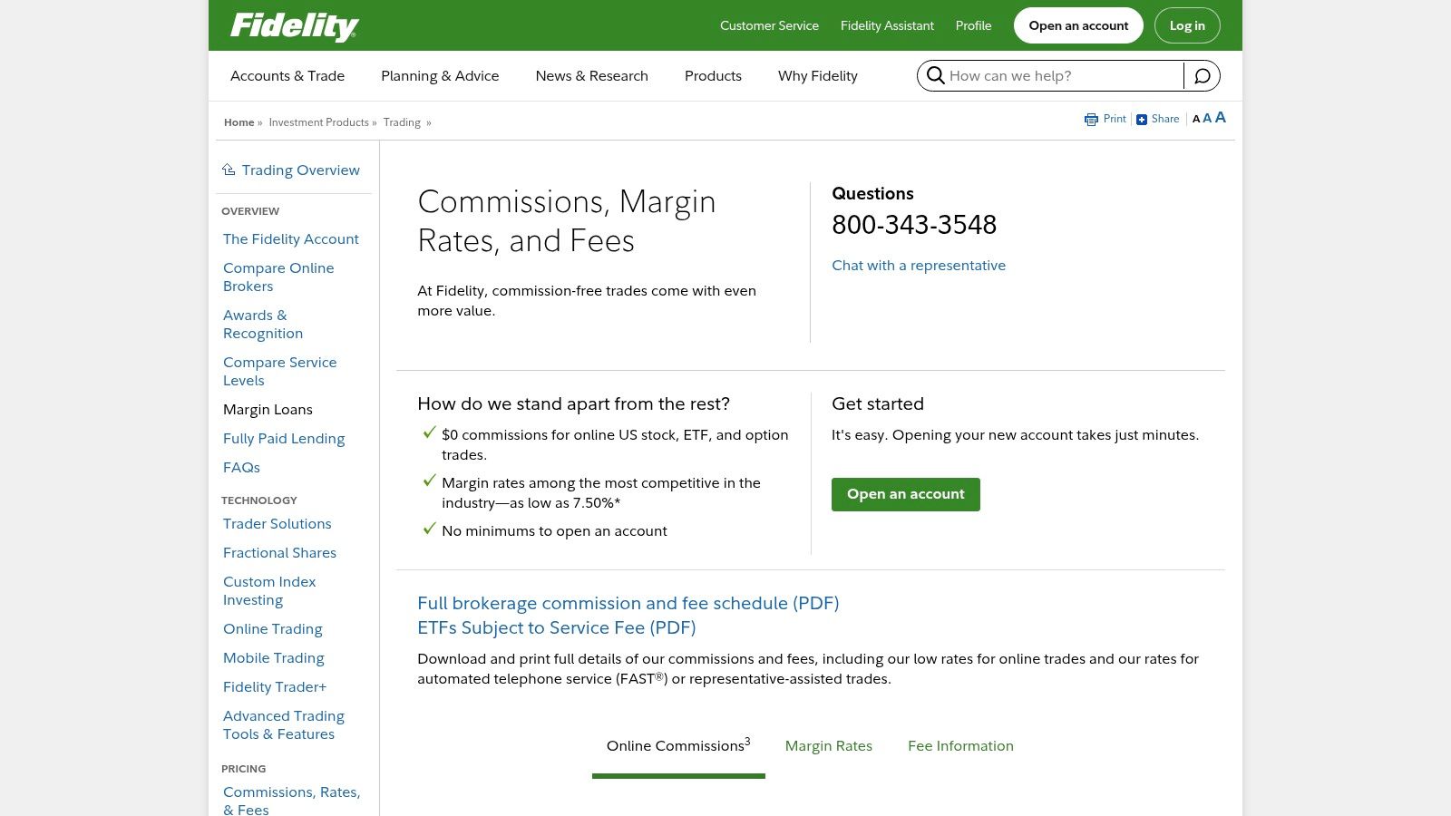 Fidelity Investments commission and fee schedule page showing $0 commission for online US stock, ETF, and options trades
