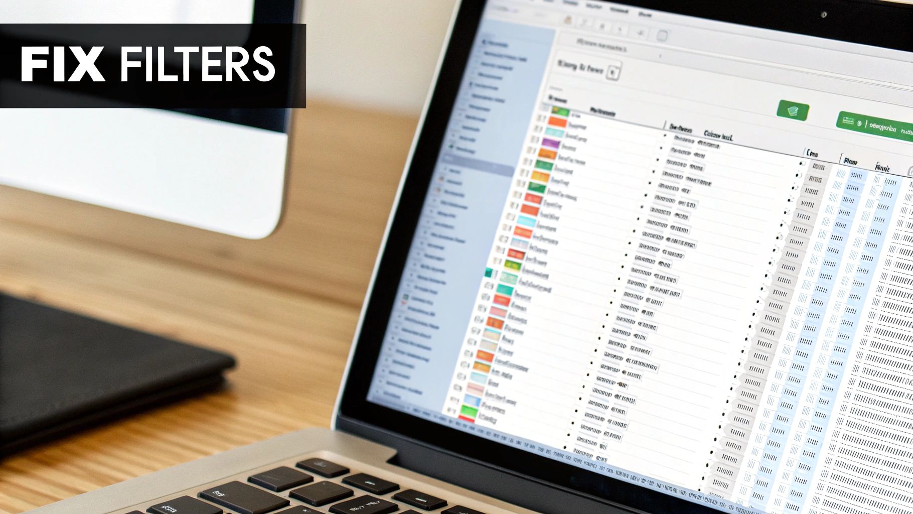 A laptop screen displays a data management application, possibly a pivot table, with 'FIX FILTERS' text.