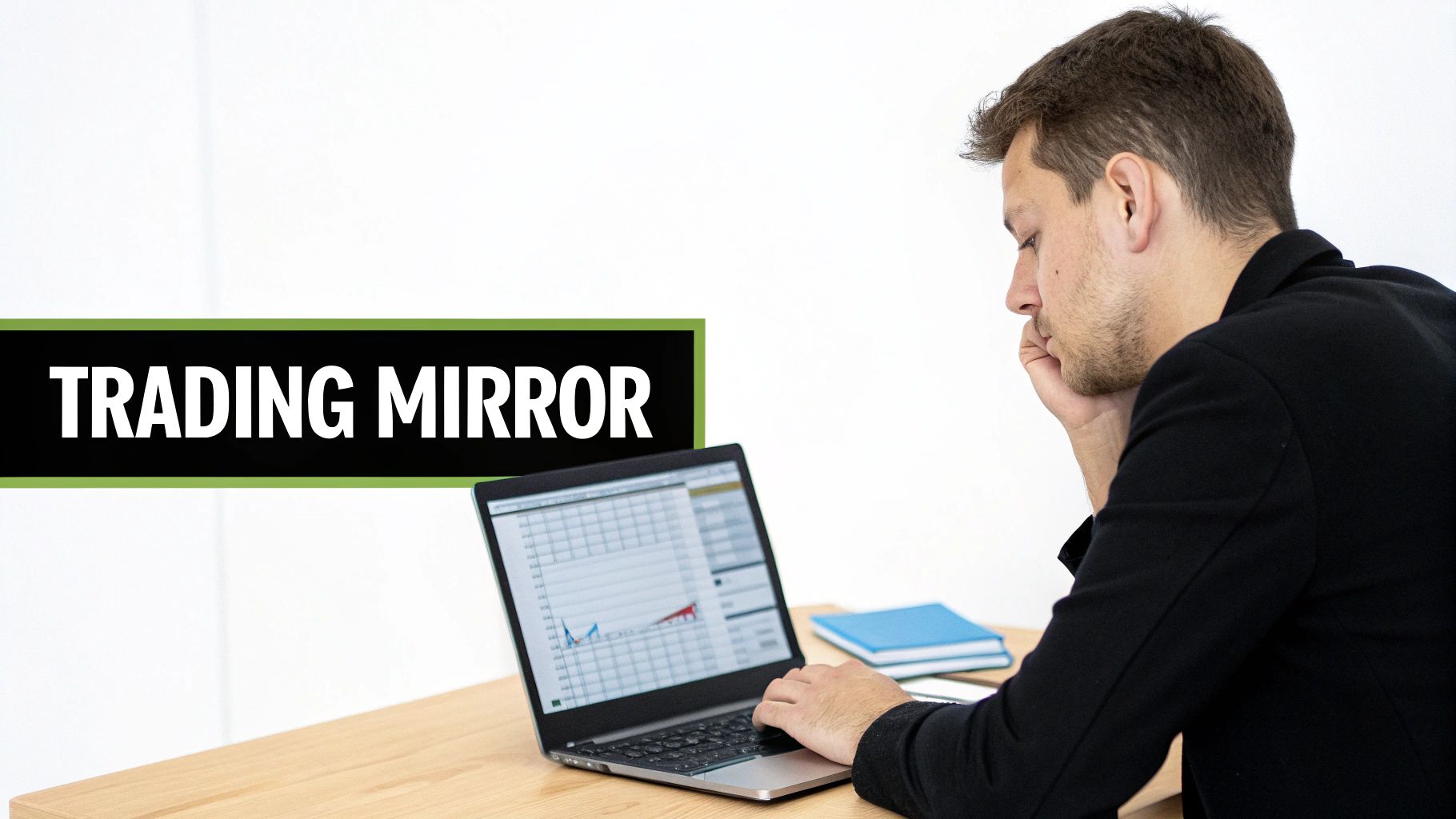 A man in a black jacket looks at a laptop displaying financial charts, with 'TRADING MIRROR' text.