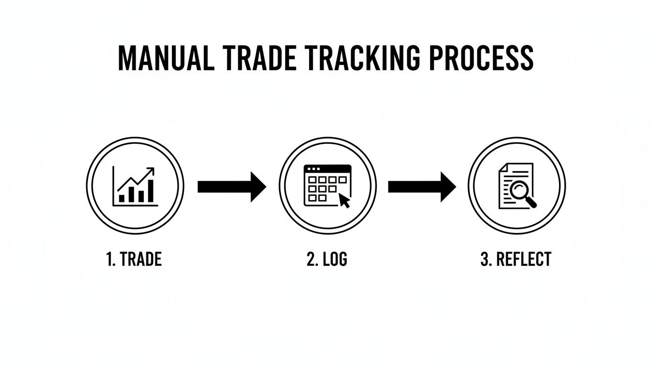 Flowchart outlining the manual trade tracking process with icons for trade, log, and reflect.