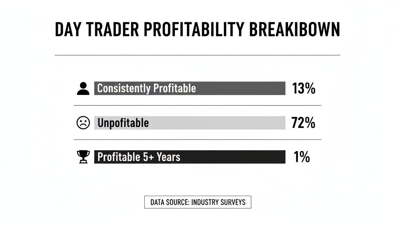 Infographic showing day trader profitability breakdown: 13% consistently profitable, 72% unprofitable, 1% profitable 5+ years