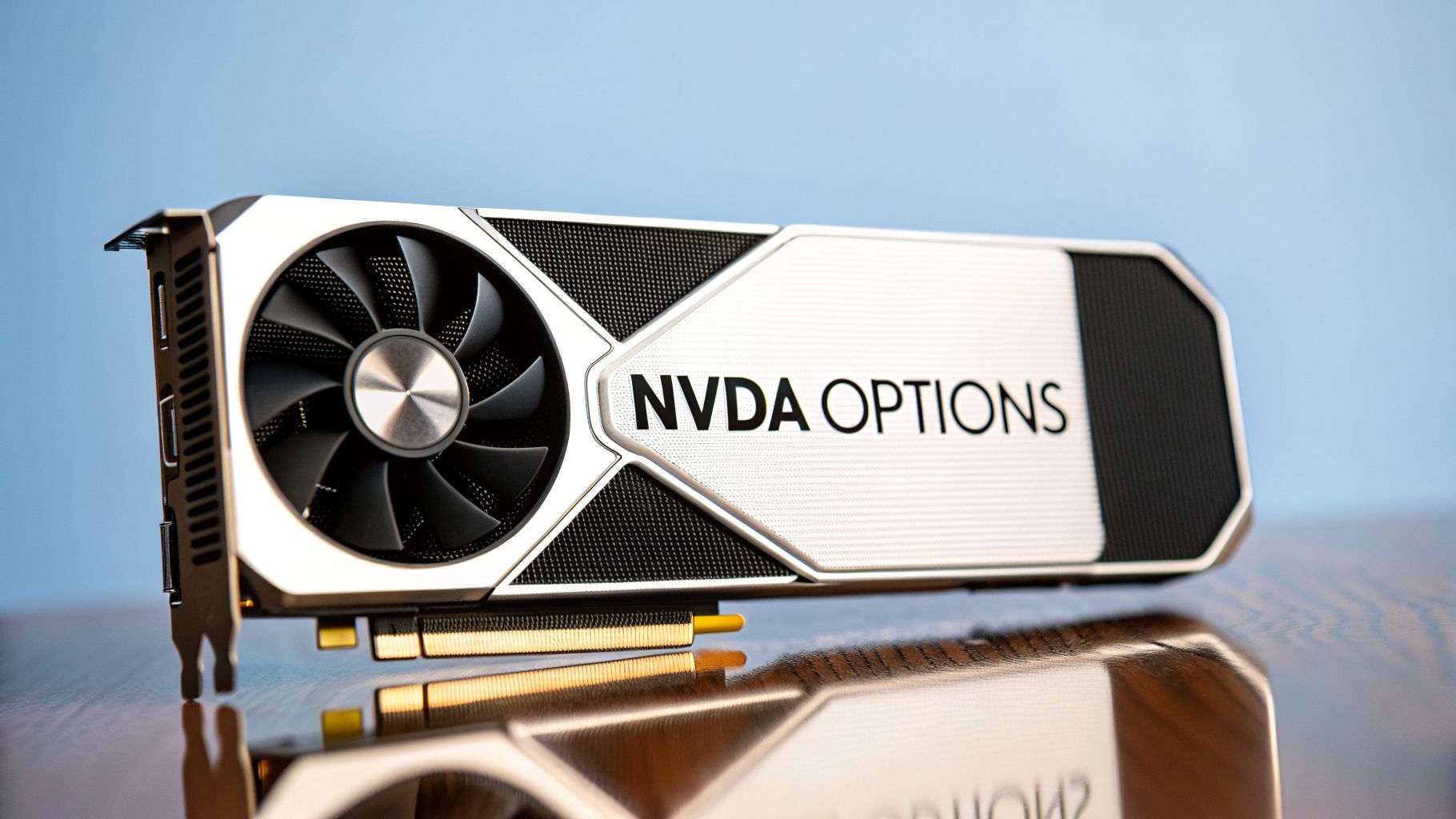 Close-up of an NVIDIA GPU with 'NVDA OPTIONS' text, reflecting on a polished wooden surface.