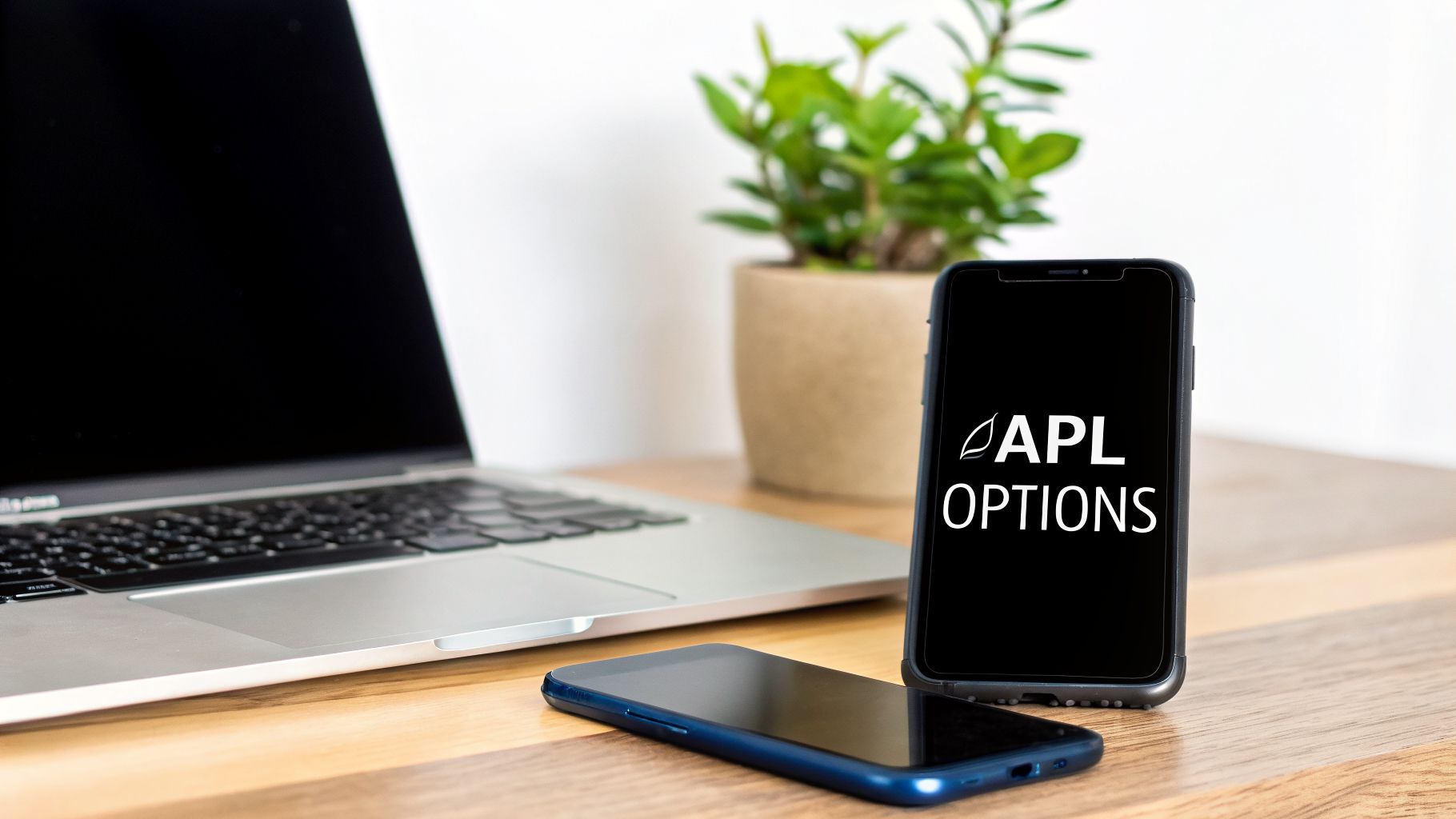 A smartphone displays 'APL OPTIONS' with a leaf logo, standing upright next to a laptop on a wooden desk.