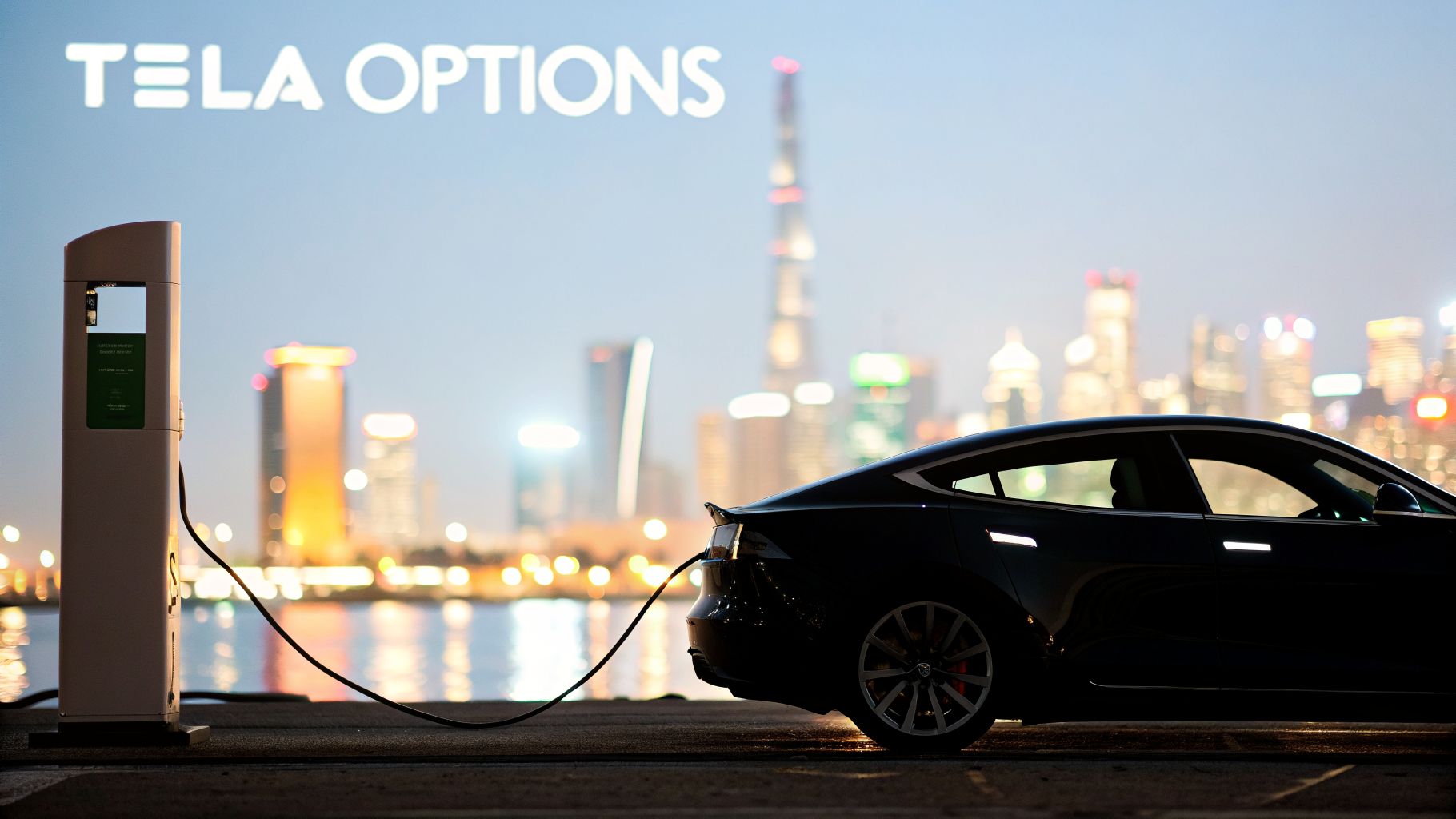 A black Tesla car charging at a station against a glowing city skyline at dusk, with “TSLA OPTIONS” text.