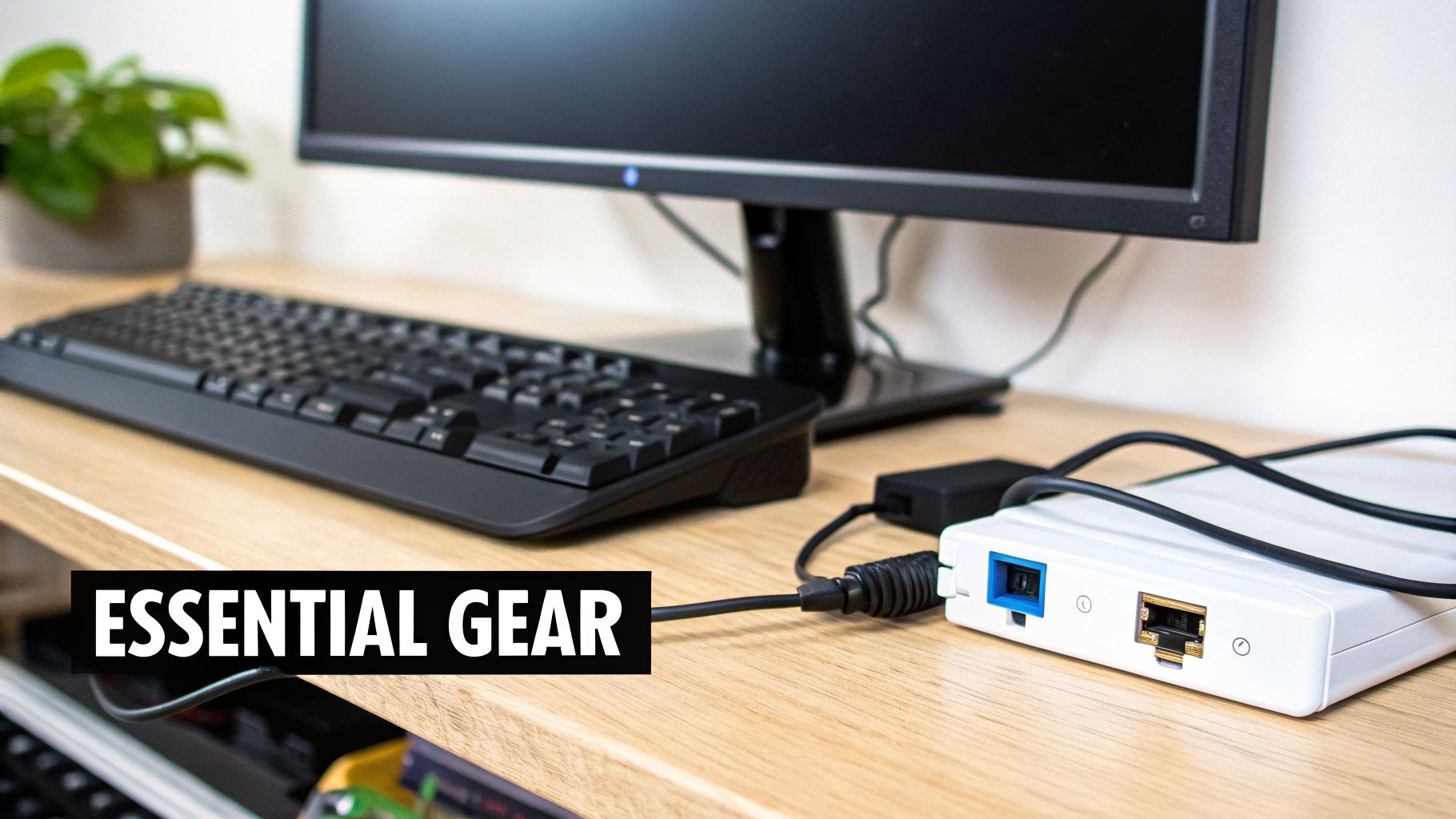 Trading desk with monitor, keyboard, and network gear