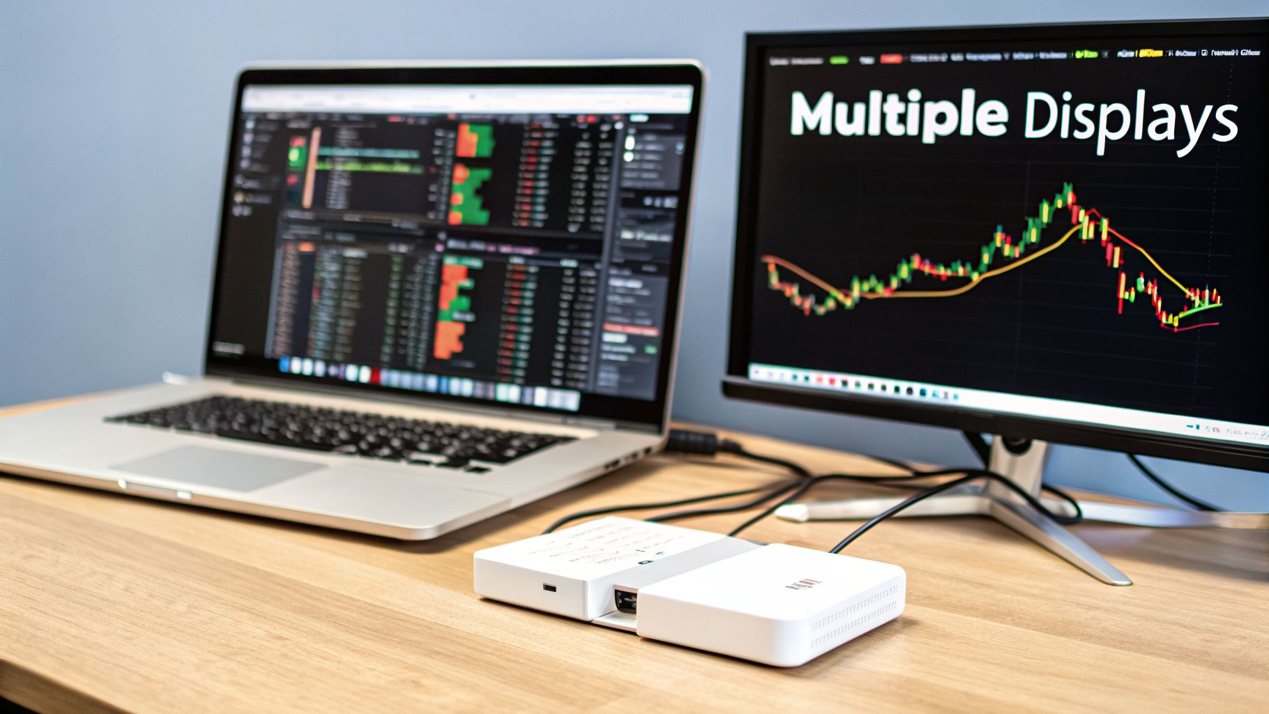 A laptop and an external monitor displaying financial charts and data for day trading.