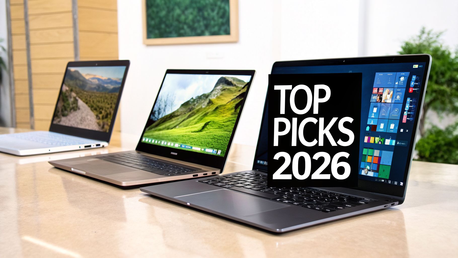 Three modern laptops with screens displaying landscapes and 'TOP PICKS 2026' on a table.