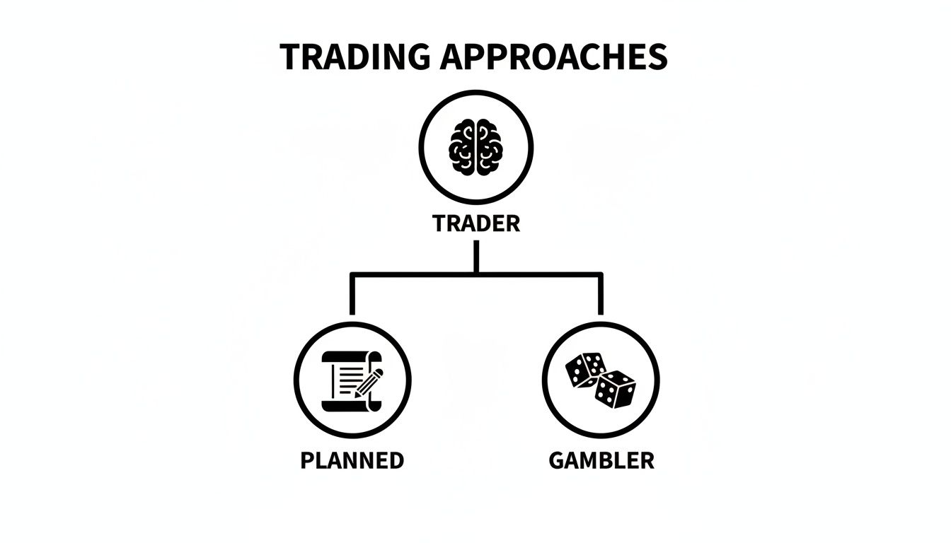 A diagram illustrates two trading approaches: a trader, depicted by a brain, can be planned (scroll and pencil) or a gambler (dice).